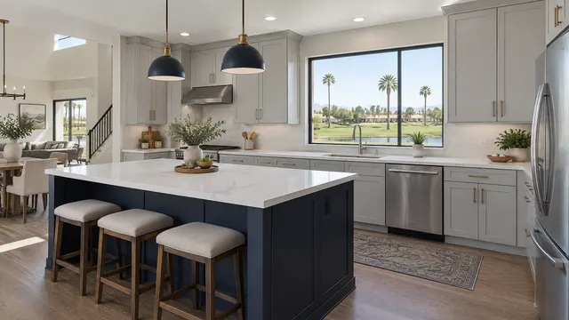 Kitchen in a 1980s two-story Alta Mesa home after a remodel: removed soffits, light gray cabinets, navy island, a window toward a green golf course and palm trees