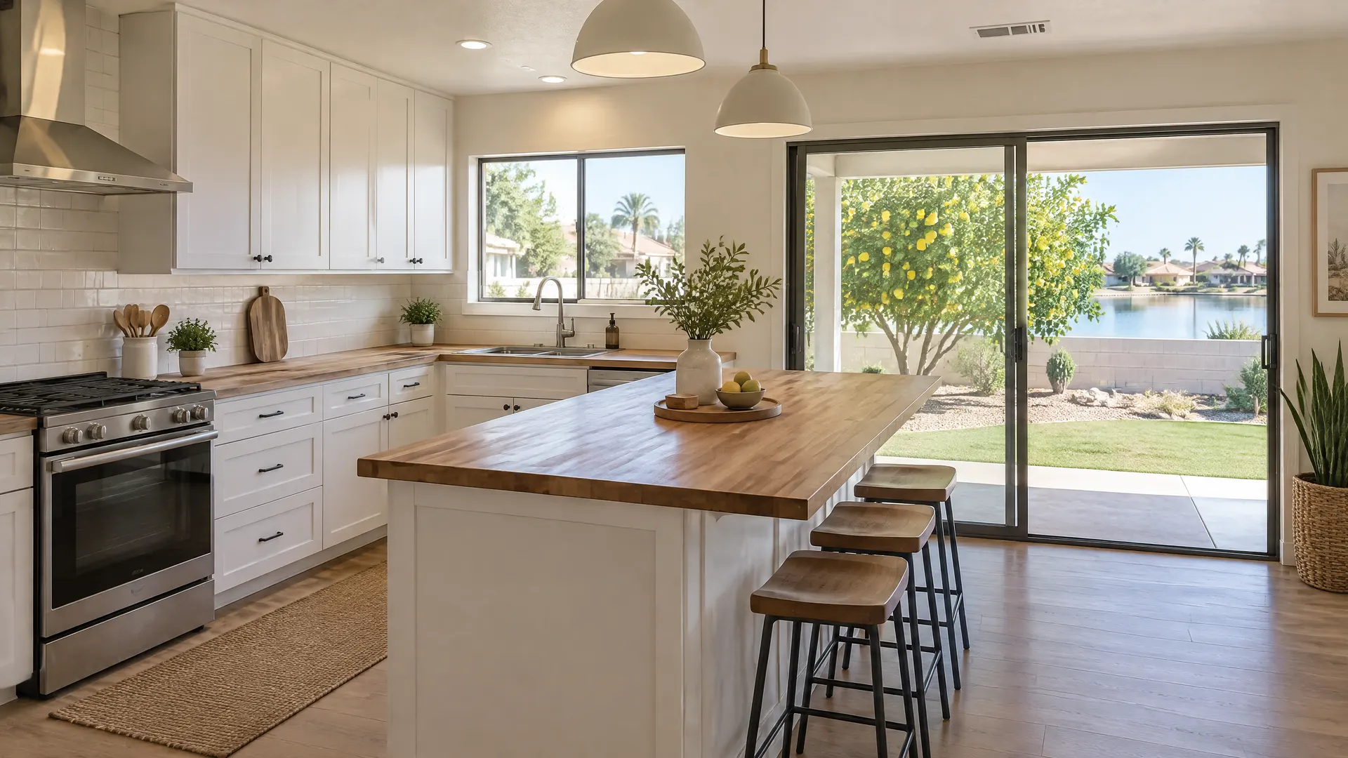 Updated kitchen in a 1970s single-story Dobson Ranch, Mesa home: white cabinets, butcher-block island, sliding door looking to a backyard with a lemon tree and a neighborhood lake glimpse beyond a wall