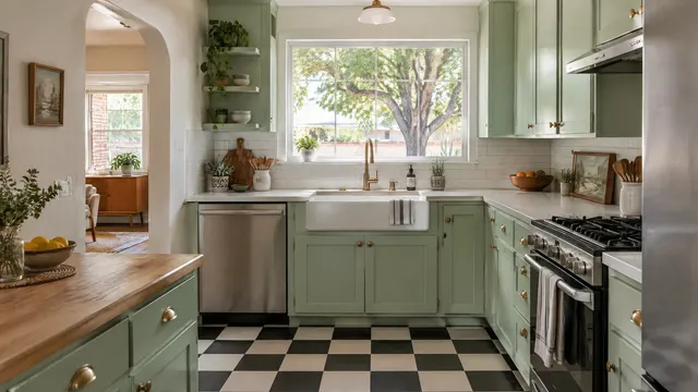 Remodeled kitchen in a small 1950s brick bungalow near downtown Mesa, Arizona: mint-green cabinets, vintage-style checkerboard floor, a farmhouse sink and a window toward a mature pecan tree