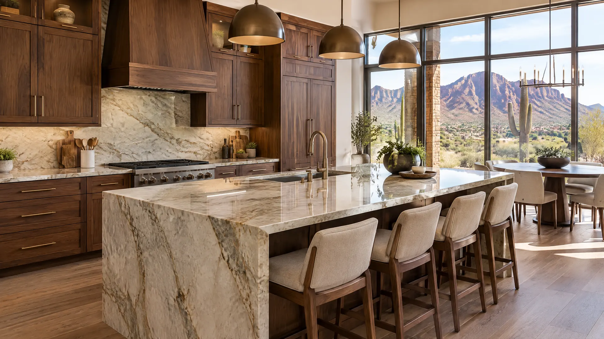 Upscale kitchen in a Las Sendas, Mesa foothills home: warm walnut cabinets, a large quartzite island, tall windows with a view of the Red Mountain desert foothills and saguaro cactus