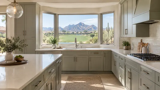 Remodeled kitchen in a 1990s Red Mountain Ranch, Mesa home: soft gray-green cabinets, cream quartz, a bay window looking at a golf course fairway and desert mountains