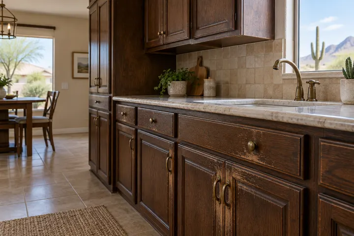 Worn dark oak kitchen cabinets with faded finish near the handles and old brass hardware