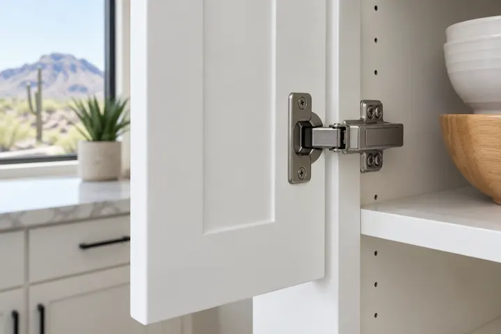Close-up of new concealed soft-close hinges on the inside of a freshly painted cabinet door