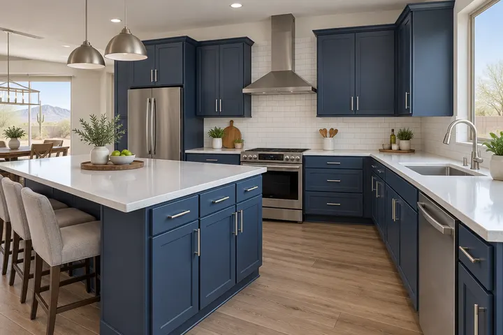 Same style kitchen cabinets painted a soft navy blue with brushed nickel pulls, smooth finish