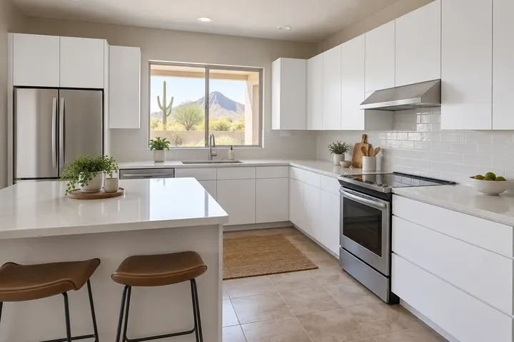 Kitchen cabinets refaced with new white flat-panel doors and drawer fronts on the original boxes