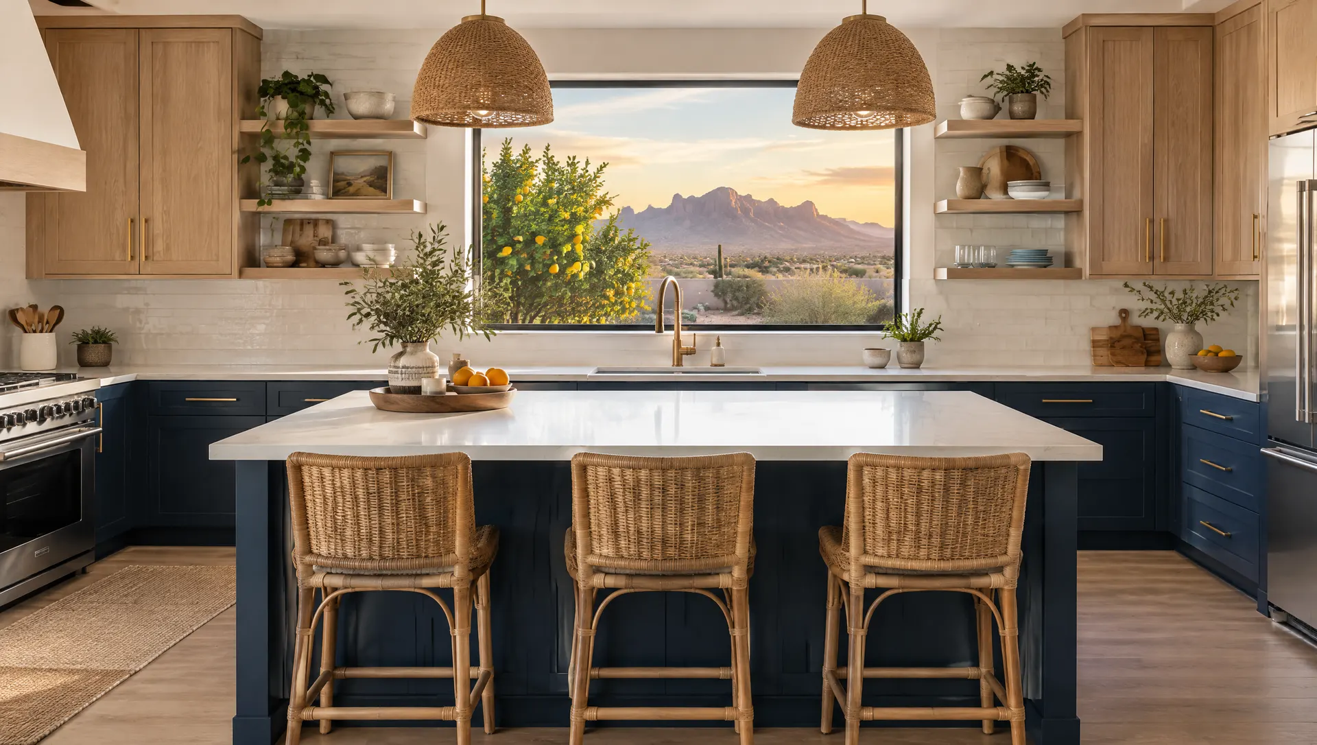 Remodeled kitchen in a single-story Mesa, Arizona ranch home: deep ink-blue lower cabinets, warm white oak uppers with open shelves, a honed white quartz island with three rattan counter stools, a window over the sink framing a citrus tree and the Superstition Mountains far in the distance at golden hour