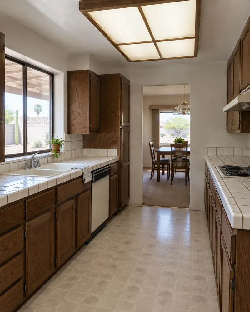 Dated kitchen in a 1980s Mesa, Arizona ranch home before a remodel: dark stained oak cabinets, white square tile countertops with dingy grout, a fluorescent light box, and a narrow doorway into the dining room