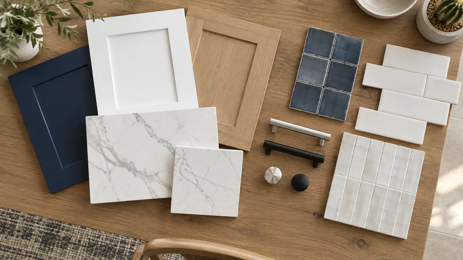 Kitchen design selections on a table: navy, white and white oak cabinet door samples, quartz slab chips with veining, zellige and subway tile samples, brushed nickel and black hardware, top-down view