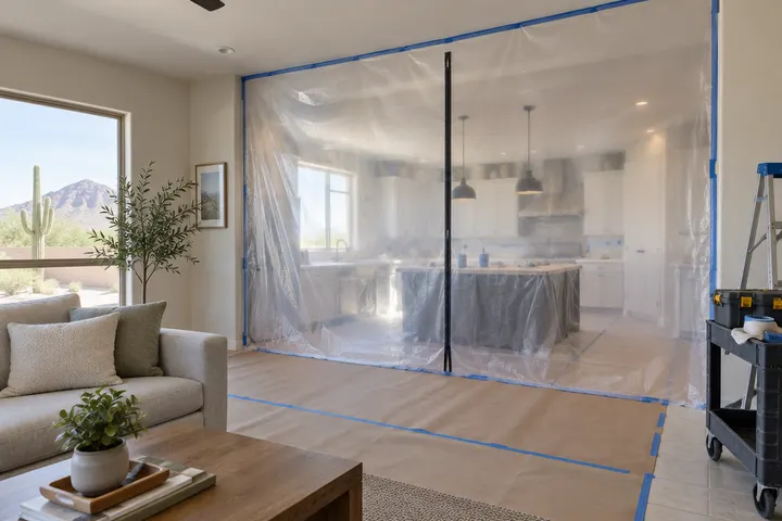 Plastic zip dust wall sealing off a kitchen under remodel from the living room, floor protection paper on tile, tidy work area