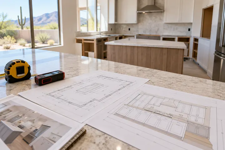 Kitchen remodel plans and a cabinet layout drawing on a counter next to a tape measure and a laser measure, no readable text