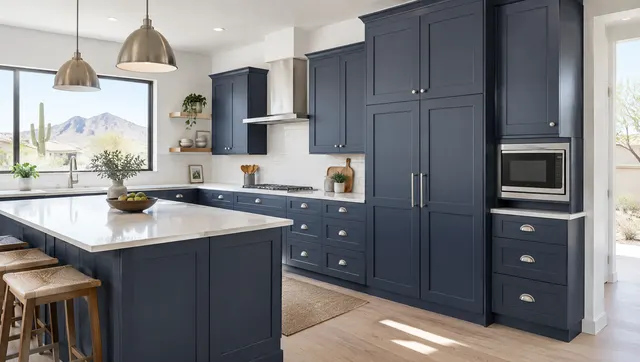 Newly installed painted navy shaker kitchen cabinets with brushed nickel cup pulls, a tall pantry tower and a microwave cabinet, in a bright Arizona kitchen with white walls