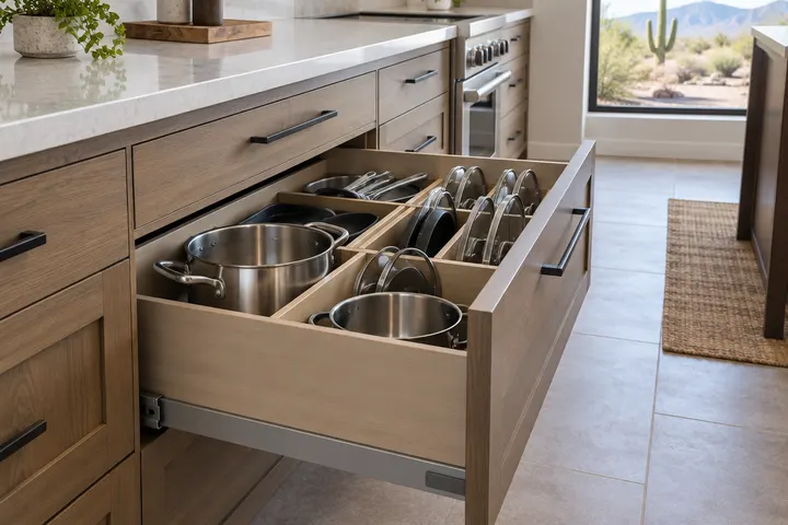 Deep kitchen base drawers holding pots and lids in dividers, soft-close slides, one drawer open