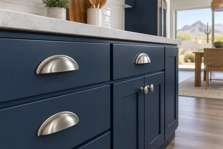 Close-up of brushed nickel cup pulls and knobs on navy shaker drawer fronts