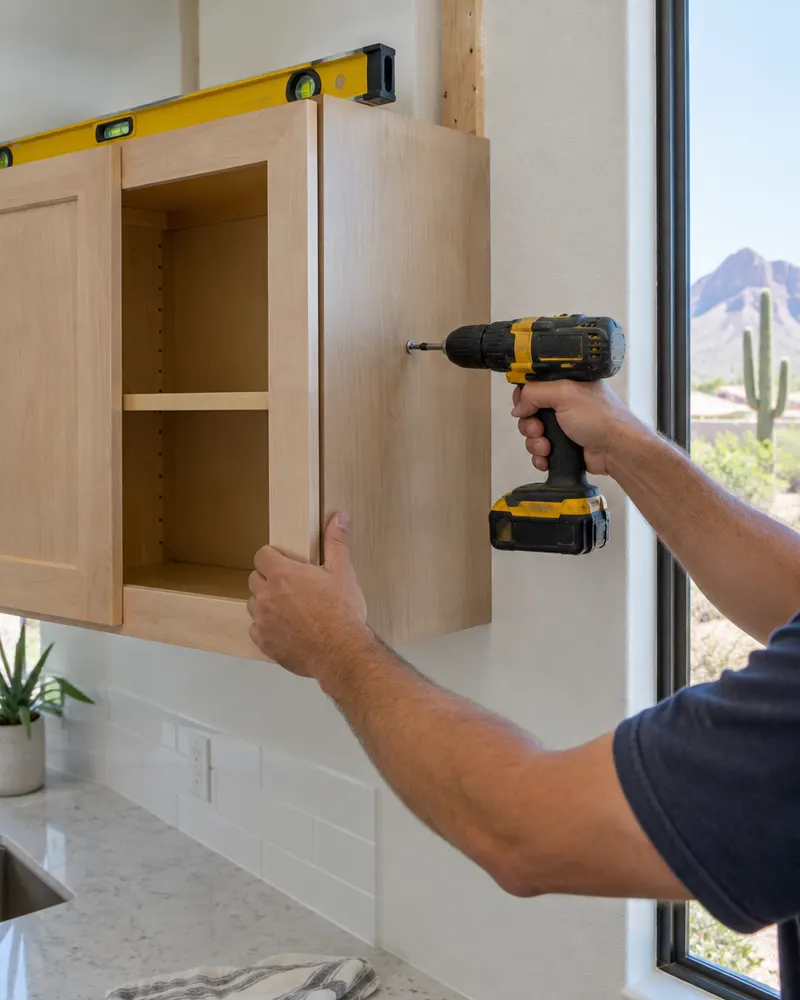Installer's hands fastening a new upper cabinet to wall studs with a drill, level resting on top, no face visible
