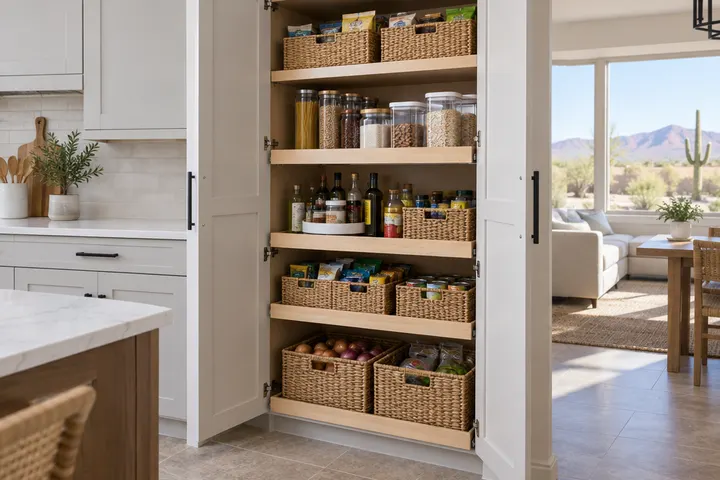 Tall kitchen pantry cabinet with doors open showing roll-out shelves and baskets
