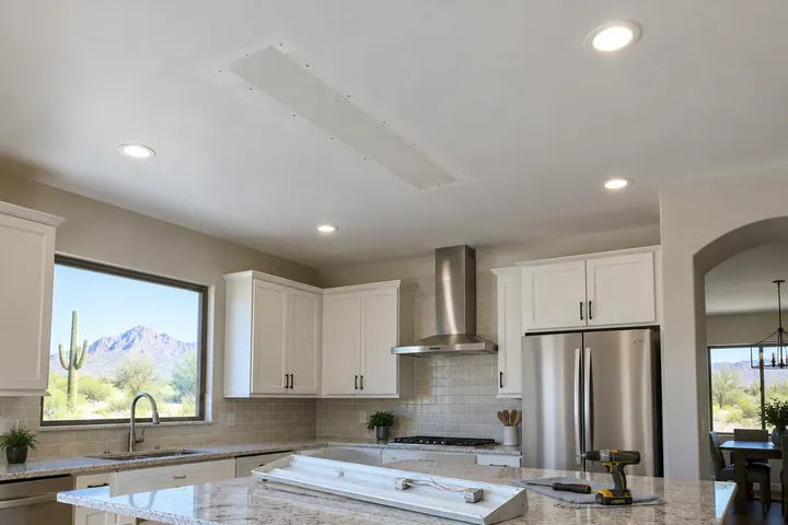 Kitchen ceiling being updated: old fluorescent box removed and new recessed LED lights installed in smooth drywall