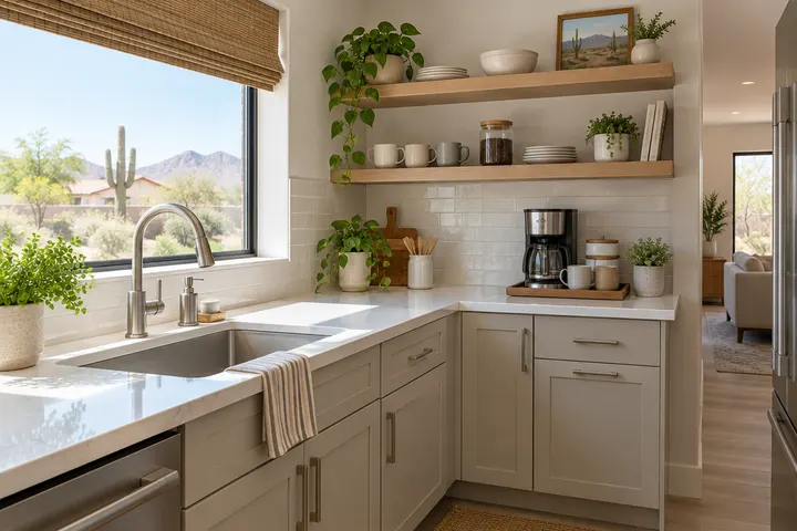 Finished remodeled kitchen corner: quartz counter, brushed nickel faucet, coffee nook with open oak shelves