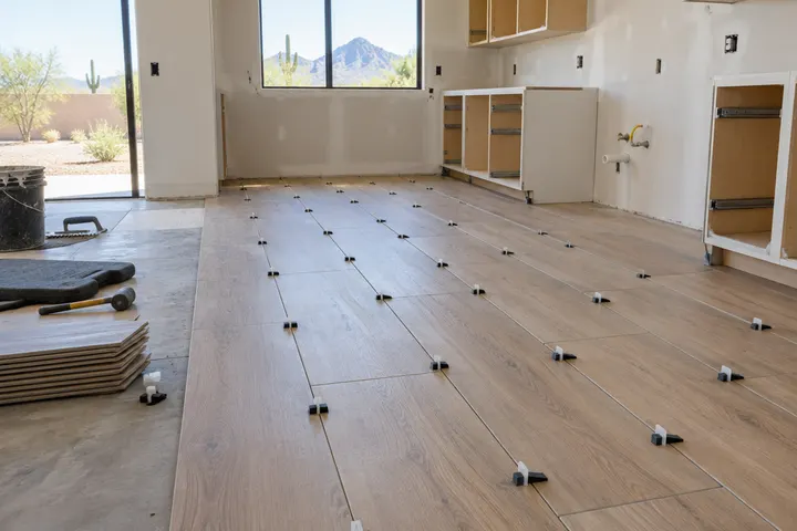 New wood-look porcelain plank tile being laid across a kitchen floor with leveling clips, before cabinets are installed