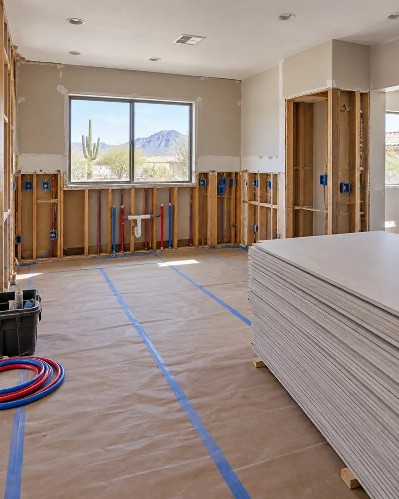 Kitchen mid-remodel in a Mesa house: old cabinets removed, new copper-free PEX plumbing stubs and electrical boxes in open walls, new drywall stacked, floor protection down