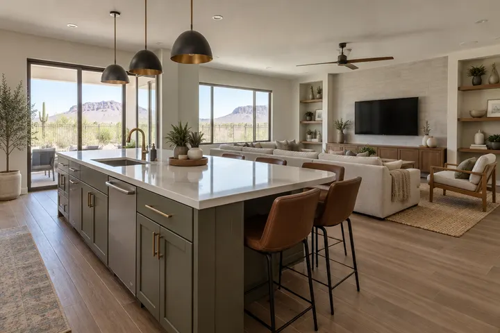 Kitchen island placed where an old wall used to be, seating on the living room side, open sightline to a TV wall