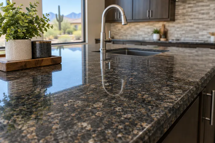 Polished dark granite kitchen countertop with natural speckled stone pattern, close angle