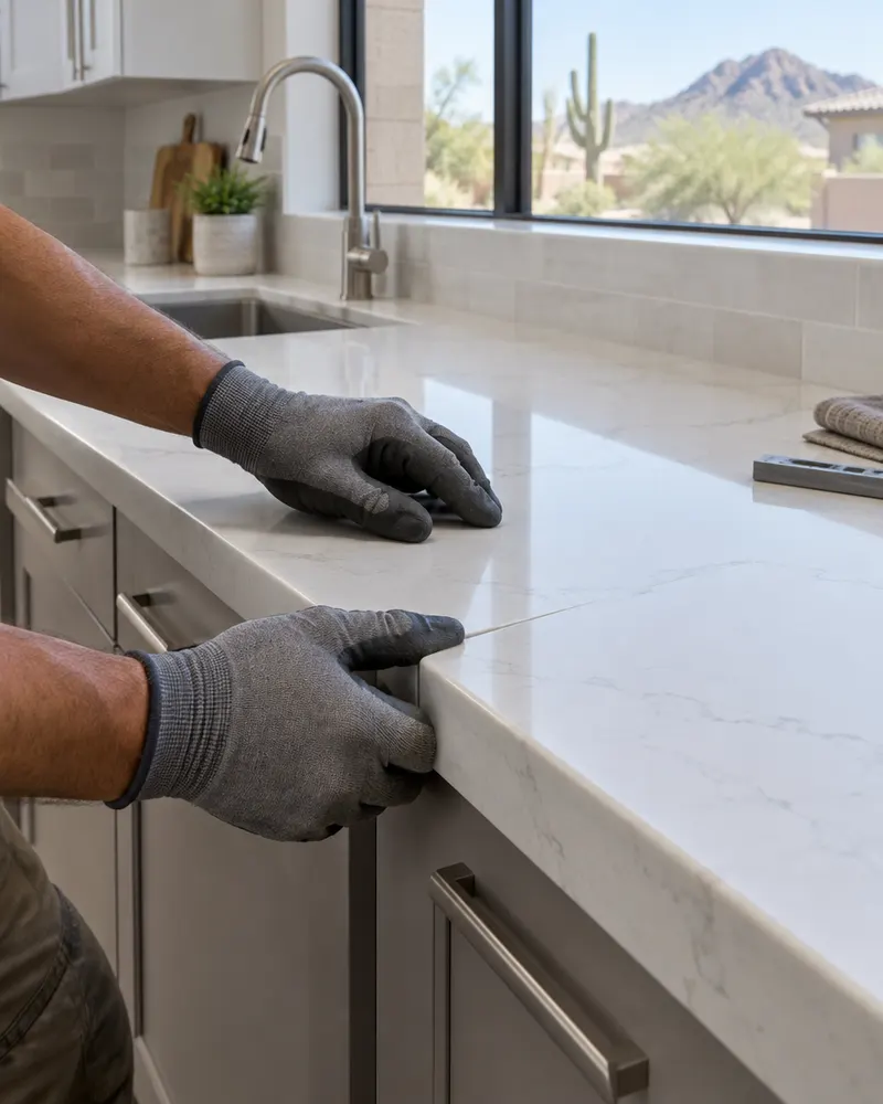 Close-up of a quartz countertop installer's gloved hands adjusting a seam on a kitchen run, no face