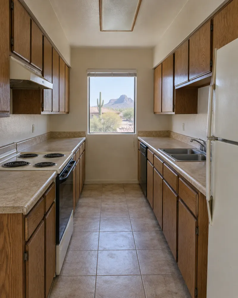 Narrow galley kitchen in a Mesa condo before remodeling: dated cabinets on both sides, worn laminate counters and a small window at the end