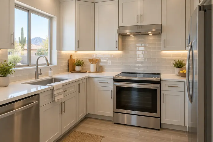 Compact kitchen with light cabinets, glossy tile backsplash and under-cabinet LED lighting making it feel larger